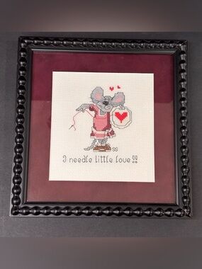 Completed Professionally Framed Cross Needlepoint “I Needle Little Love” Mouse